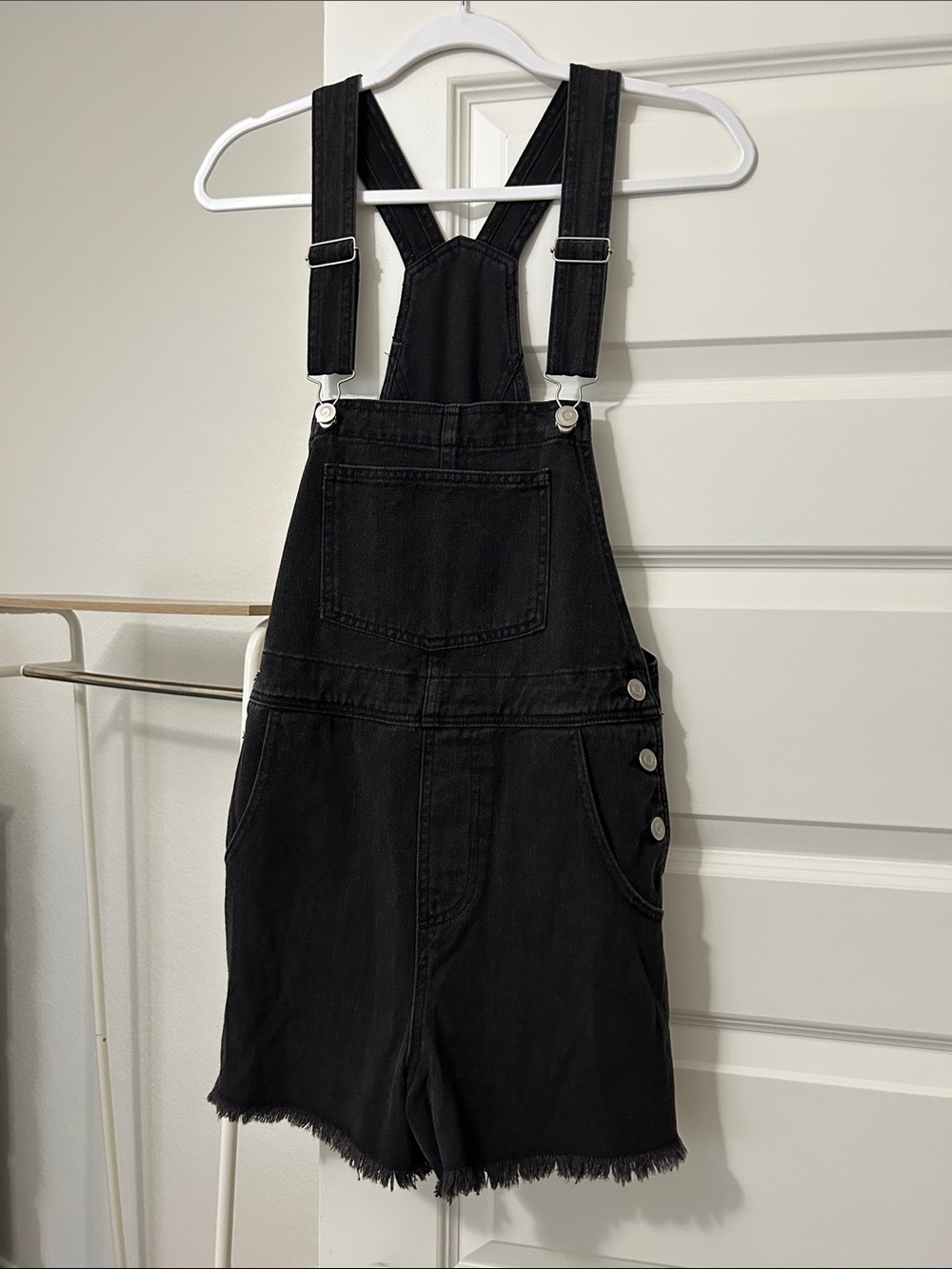 Womens Black Denim Overall Shorts